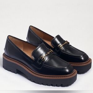 Black Leather Lug-Sole Loafers with Gold Bit Hardware